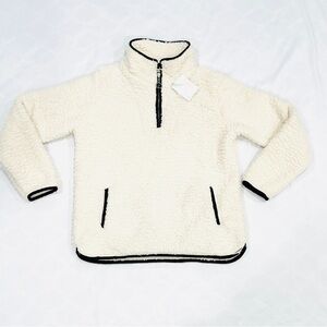 NWT Thread & Supply Cream Black Piping Quarter Zip Sherpa Pullover Sweatshirt